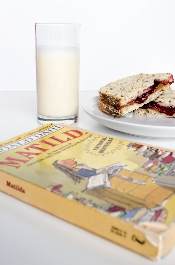 peanut butter and jelly with a cold glass of milk go perfectly with Roald Dahl's book Matilda