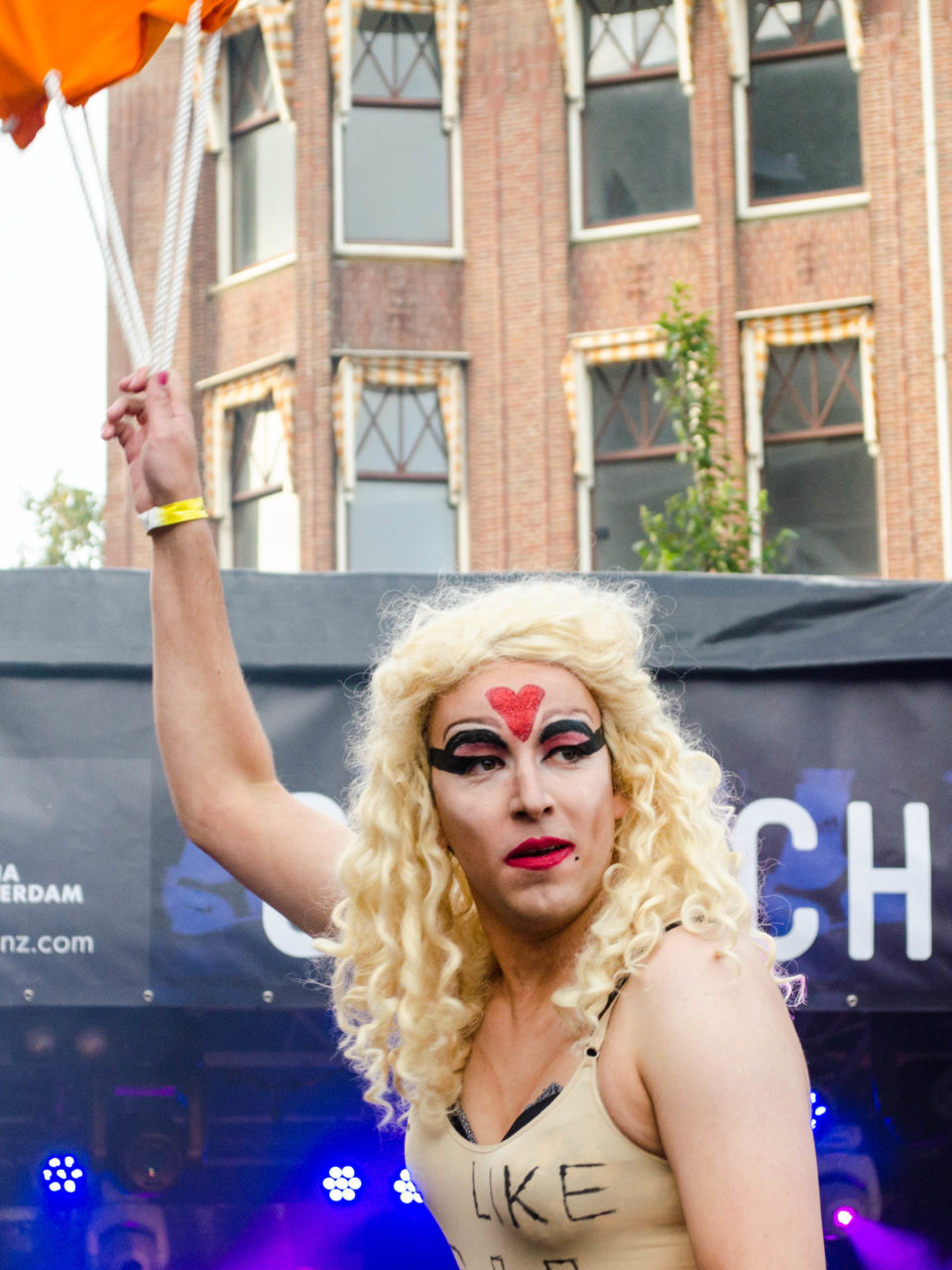 one of the queens competing in the Hand Bag Toss at the 2016 Drag Queen Olympics celebrating Gay Pride in Amsterdam