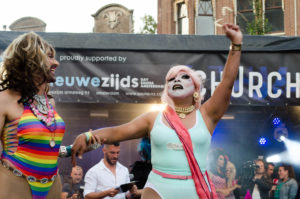 Tres La Trash after winning the Hand Bag Toss at the 2016 Drag Queen Olympics celebrating Gay Pride in Amsterdam