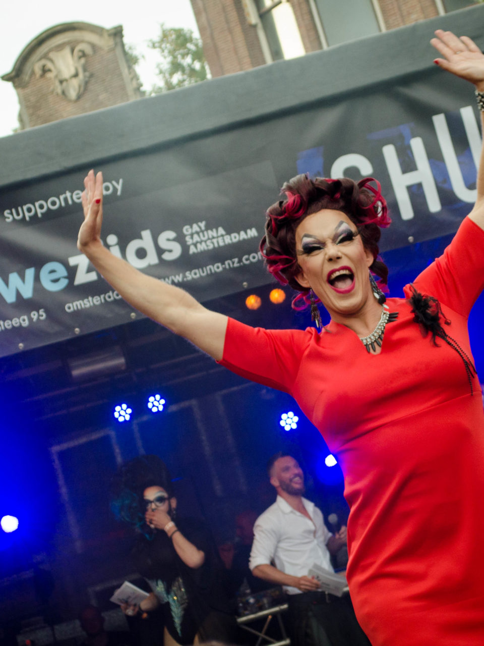 One of the queens performing a showstopping lip sync to "I just wanna fucking dance" at the 2016 Drag Queen Olympics celebrating Gay Pride in Amsterdam